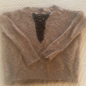 Express fuzzy lace up sweater